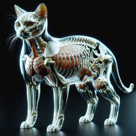 A cat with a transparent body in which you can see internal organs and bones in detail. AI generated.の素材