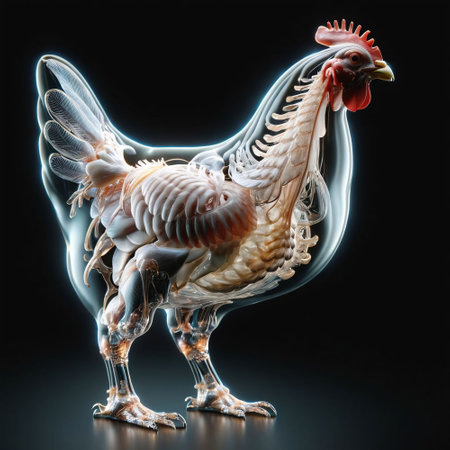 A hen with a transparent body in which you can see internal organs and bones in detail. AI generated.の素材