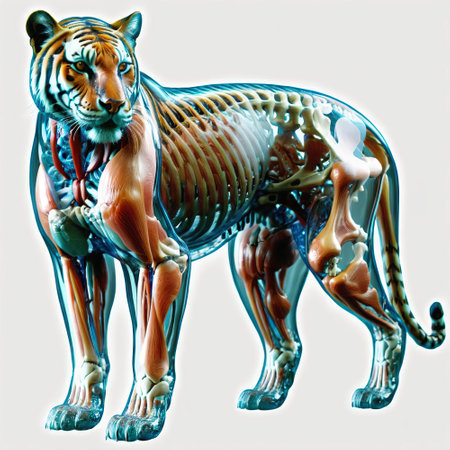 A tiger with a transparent body in which you can see internal organs and bones in detail. AI generated.の素材