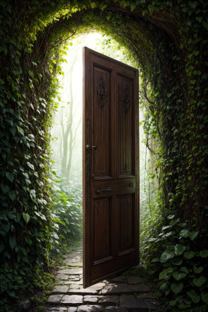 A way to freedom. Dirt road in green meadow in open door of ancient house. Photo toned in brown color. Generative AIの素材