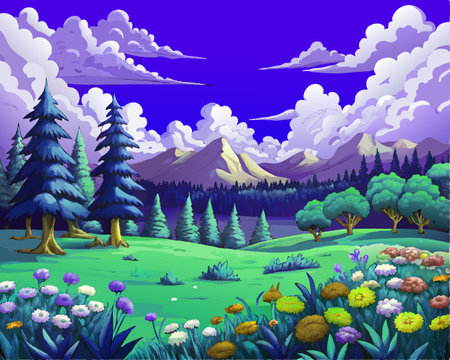A vibrant and whimsical landscape featuring colorful flowers, lush meadows, towering pine trees, and majestic mountains under a dramatic cloud-filled sky.のイラスト素材