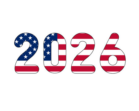 3D 2026 text with American flag inside the text. Vector illustration on white background. USA flag...