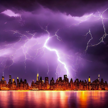 Lightning storm over fantasy city. 3D renderの写真素材