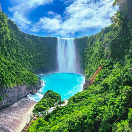Beautiful waterfall with sunlight in jungle, paradise fantasy islandの写真素材