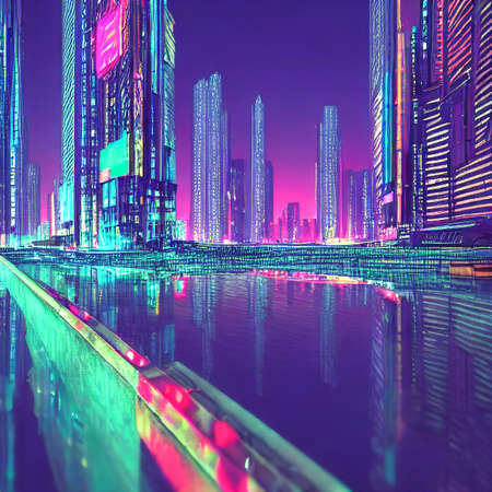 Night city, neon lights of the metropolis. Reflection of neon lights in the water. city on the ocean. 3d illustrationの写真素材