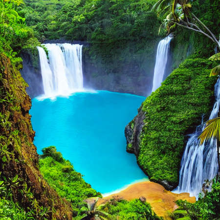 Beautiful waterfall with sunlight in the jungle. 3D renderingの写真素材