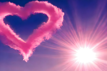 Pink heart shaped cloud in the blue sky. high quality 3d illustrationの写真素材