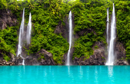 Beautiful waterfall with sunlight in the jungle. 3D Illustrationの写真素材