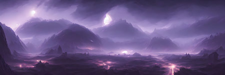alien landscape, a panorama of a surface of another planet. high quality 3d illustrationの写真素材