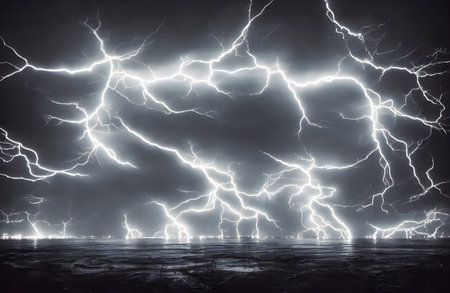 Lightning strikes over the skyline of fantasy city. high quality 3d illustrationの写真素材