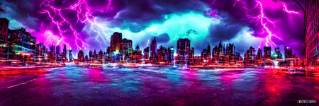 Futuristic metaverse city concept with glowing neon lights. high quality 3d illustrationの写真素材