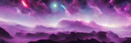 Space background with stardust and shining stars. Realistic colorful cosmos. banner size. High quality 3Dの写真素材