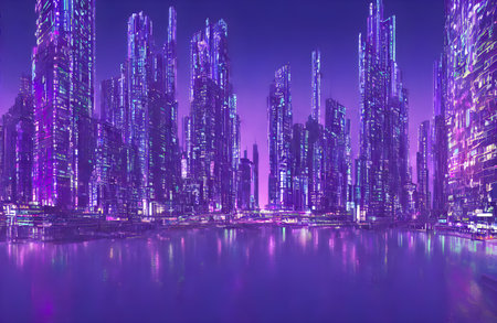 Futuristic metaverse city concept with glowing neon lights. high quality 3d illustrationの写真素材