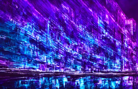 Futuristic metaverse city concept with glowing neon lights. high quality 3d illustrationの写真素材