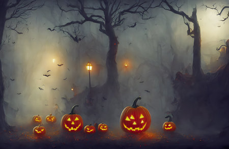 Illuminated Halloween Carved Pumpkins, head jack. scary forest. holiday background. high quality 3d illustrationの写真素材