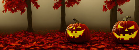 Jack O Lanterns - Halloween Background. banner size. high quality 3d illustrationの写真素材