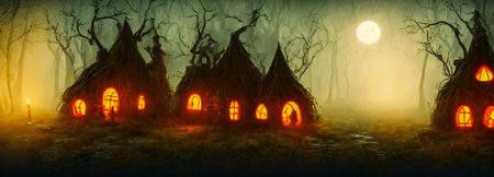 Halloween background. witch hut. banner size. 3d. high quality 3d illustration