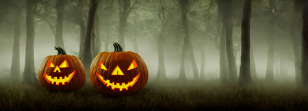 Jack O Lanterns - Halloween Background. banner size. high quality 3d illustrationの写真素材