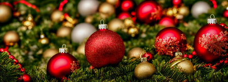 Christmas Decoration. Holiday decorations. Christmas balls. banner size. high quality 3d illustrationの写真素材
