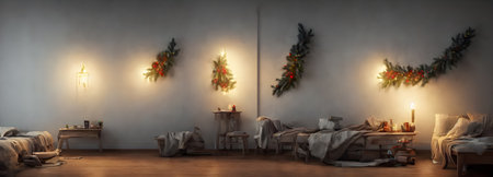 fairy tale christmas interior. magic glowing tree, fireplace and gifts. high quality 3dの写真素材