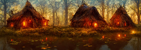 Halloween background. witch hut. banner size. 3d. high quality 3d illustrationの写真素材