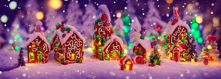 Abstract gingerbread town village with bokeh and christmas lights as advent decoration. banner size. high quality 3d illustrationの写真素材
