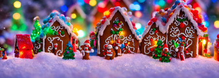 Abstract gingerbread fairy town village with bokeh and christmas lights as advent decoration. Banner size. 3dの写真素材