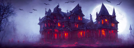 Haunted House. Creepy Atmosphere for Halloween. Fog, Moon light. Illuminated windows. Banner header sizeの写真素材