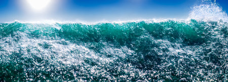 Ocean waves surface texture. Abstract blue water background with splashes of sea foam. 3dの写真素材