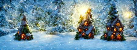 Abstract fairy town village with bokeh and christmas lights as advent decoration. Banner size. 3dの写真素材
