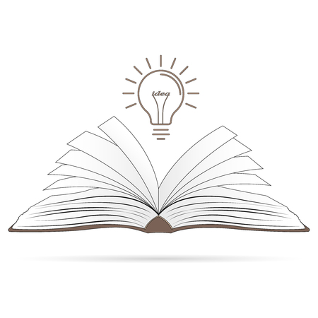 Bright creative idea. Light bulb over opened brown book. Concept of an idea.のイラスト素材