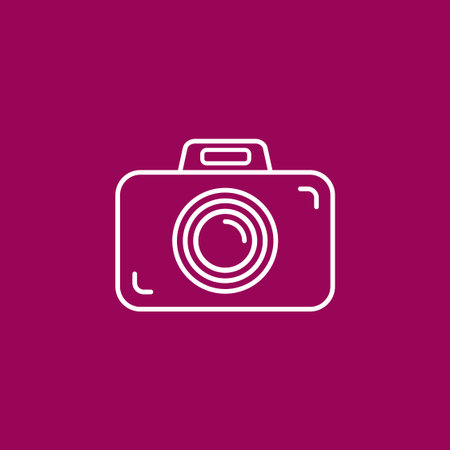 Outline photo camera icon on crimson (purple/pink) background.
