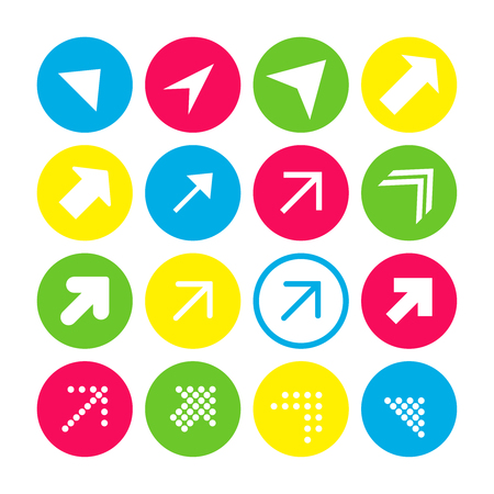 Set of 16 arrows with the north-east direction. Arrow buttons on white background in crimson, blue, yellow and transparent circles for web-design, applications and other. Vector illustration, EPS10.のイラスト素材