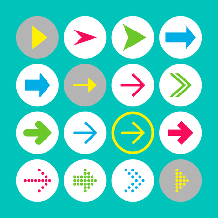 Set of 16 rigth arrow icons. Arrow buttons on turquoise background in white, gray and transparent circles for web-design, applications and other. Vector illustration, EPS10.のイラスト素材
