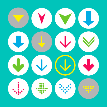 Set of 16 down arrow icons. Arrow buttons on white background in crimson, blue, yellow and transparent circles for web-design, applications and other. Vector illustration, EPS10.のイラスト素材