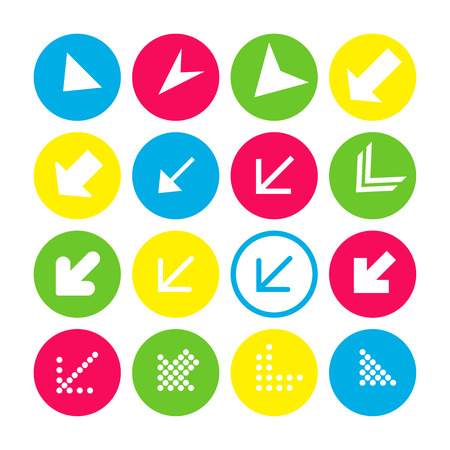 Set of 16 arrow icons with south-west direction. Arrow buttons on white background in crimson, blue, yellow and transparent circles for web-design, applications and other. Vector illustration, EPS10.のイラスト素材