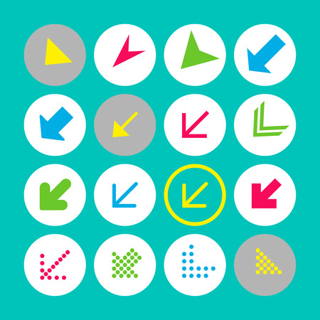Set of 16 arrow icons with south-west direction. Arrow buttons on turquoise background in white, gray and transparent circles for web-design, applications and other. Vector illustration, EPS10.のイラスト素材