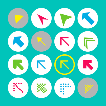 Set of 16 arrow icons with north-west direction. Arrow buttons on turquoise background in white, gray and transparent circles for web-design, applications and other. Vector illustration, EPS10.のイラスト素材