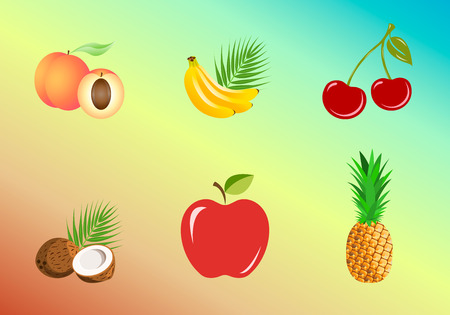 Set of fruits isolated on a color background. Banana, pineapple, coconut, peach, apple, cherries. Vector illustration, EPS10.のイラスト素材