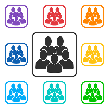 Set of square group icons with 5 peoples. Rainbow colors: red, orange, yellow, green, turquoise, blue, dark blue, violet. Style is flat graphic gray and colorful symbols. Vector illustration, EPS10のイラスト素材