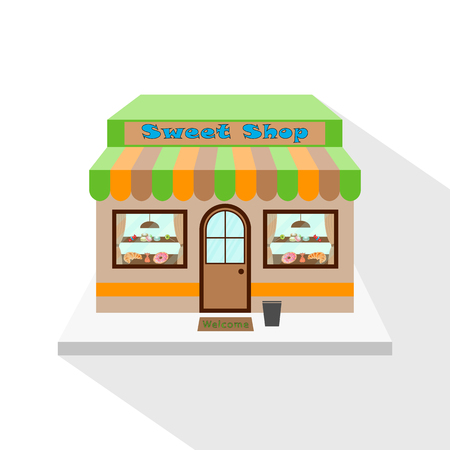 Sweets shop icon with long flat shadow on white background. Sweet shop facade, commercial building. Vector illustration, EPS10.のイラスト素材