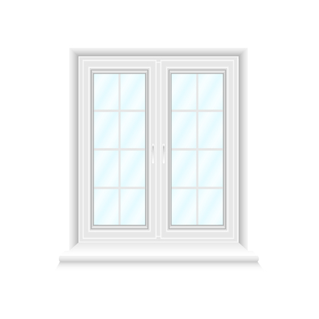 White double window frame on white background with blue gradient glasses. Closed realistic vector window element for architecture and interior design. Vector illustration, EPS10.のイラスト素材