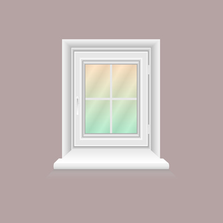 White window frame on lilac wall. Closed realistic vector window element for architecture and interior design. Vector illustration, EPS10.のイラスト素材