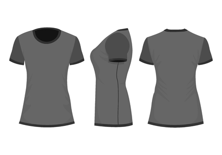Black/dark gray woman's t-shirt with short sleeve. Front, back, side view. Isolated on white background. Vector illustration, EPS10.のイラスト素材