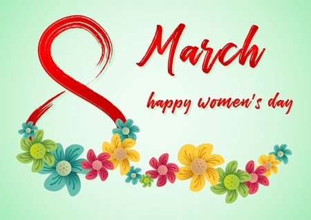 Design of a banner, flyer or greeting card for 8 march (Women's Day). Number 8 with shadow and congratulatory inscriptionのイラスト素材