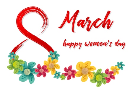 Design of a banner, flyer or greeting card for 8 march (Women's Day). Number 8 with shadow and congratulatory inscriptionのイラスト素材