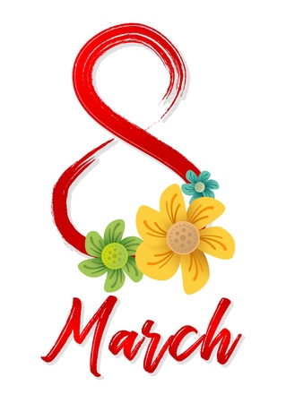 Design of a banner, flyer or greeting card for 8 march (Women's Day). Number 8 with shadow and congratulatory inscriptionのイラスト素材