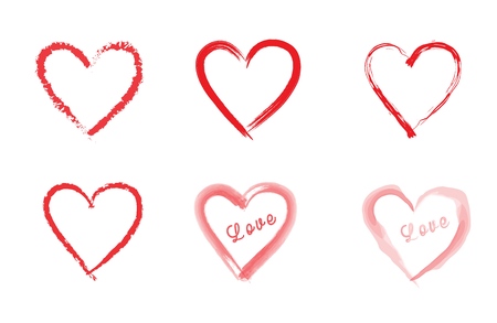Set of different red hearts - hand drawn, watercolor. Hearts with "Love" label.のイラスト素材