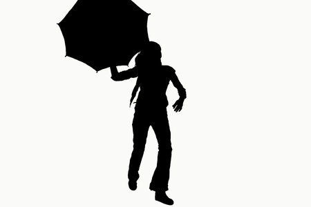 Illustration with woman silhouette running with umbrella.の写真素材