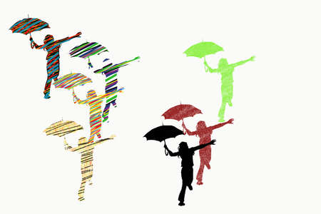 Illustration with girls silhouettes running with umbrella. Black, blue, green, yellow, red.の写真素材